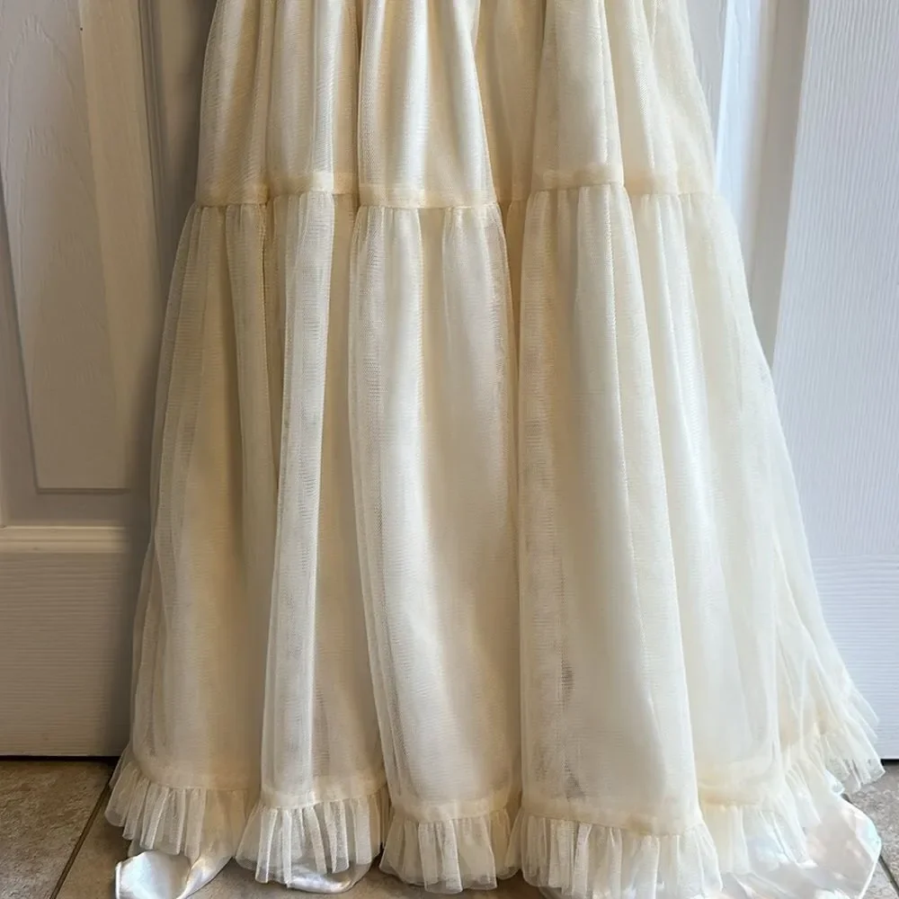 Luna Luna Girls Dress Ivory Tan Ruched Bodice Embroidered Band Layered Ruffles 6